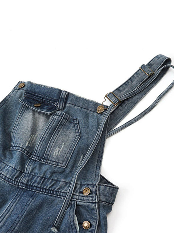 Double-Strap Denim Overalls with Side Bottom Splits-Jumpsuits & Overalls-Camoufit