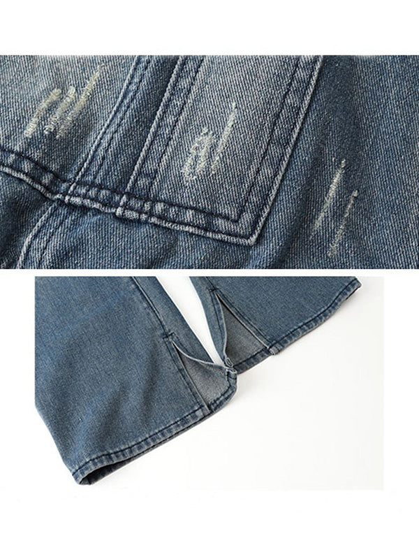 Double-Strap Denim Overalls with Side Bottom Splits-Jumpsuits & Overalls-Camoufit