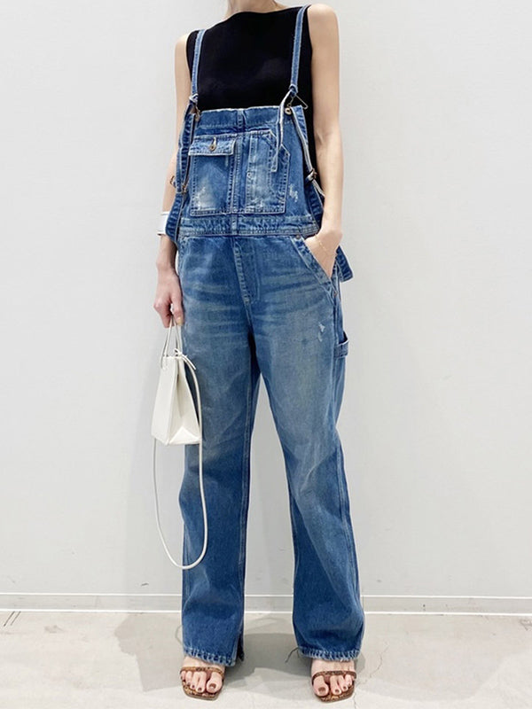 Double-Strap Denim Overalls with Side Bottom Splits-Jumpsuits & Overalls-Blue-One Size-Camoufit