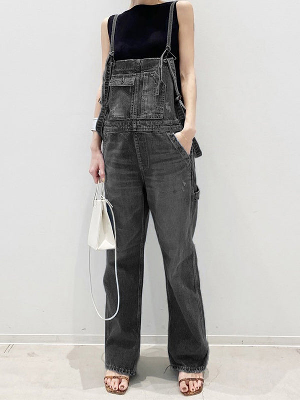 Double-Strap Denim Overalls with Side Bottom Splits-Jumpsuits & Overalls-Dark Gray-One Size-Camoufit