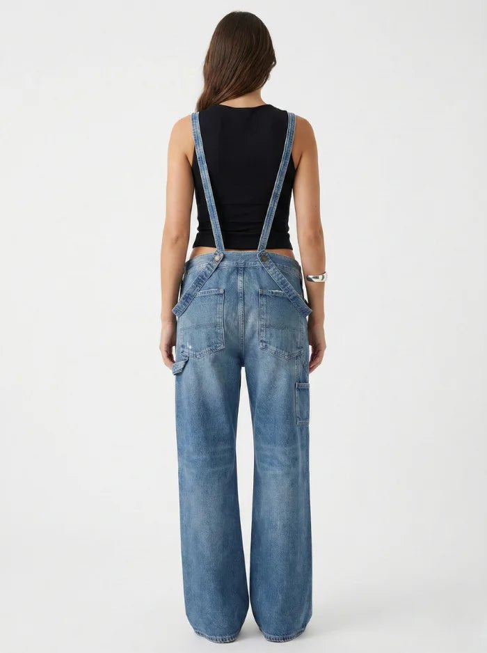 Double-Strap Denim Overalls with Side Bottom Splits-Jumpsuits & Overalls-CAMOUFIT-Blue-S-Camoufit