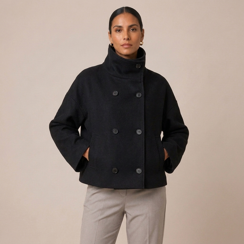 Double Breasted Pea Coat with High Funnel Neck 3