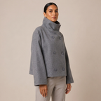 Heather grey double-breasted pea coat with high funnel neck and buttoned front