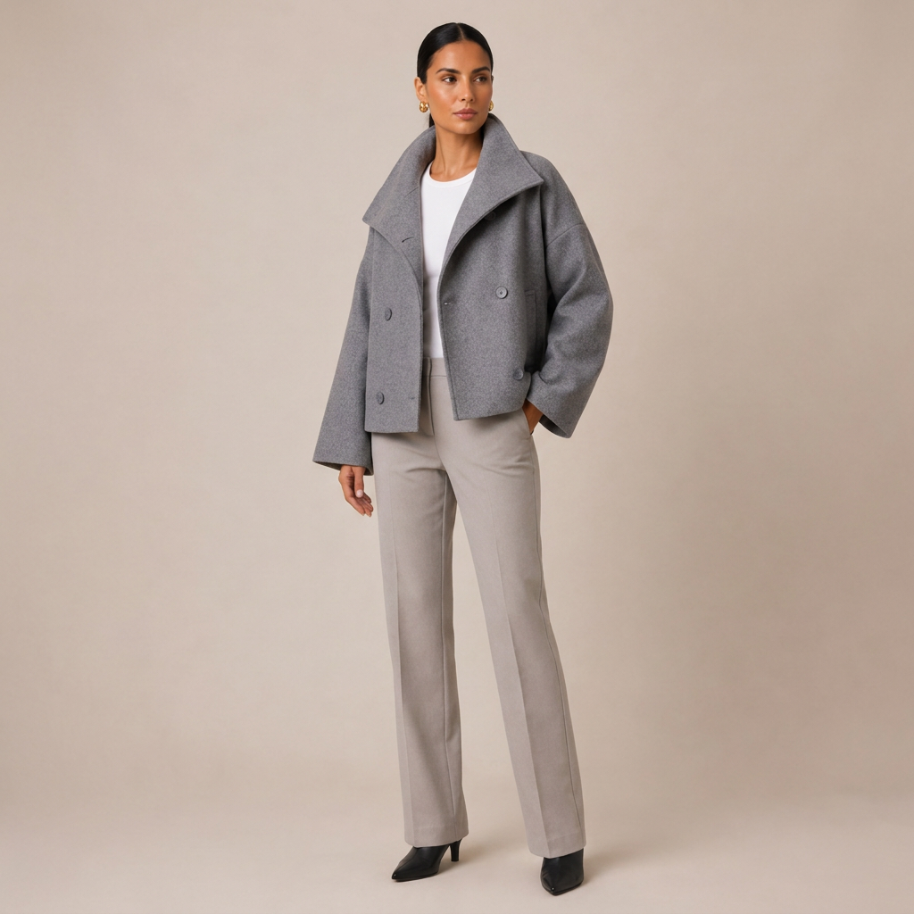 Grey double-breasted pea coat with high funnel neck, buttoned front and flap pockets