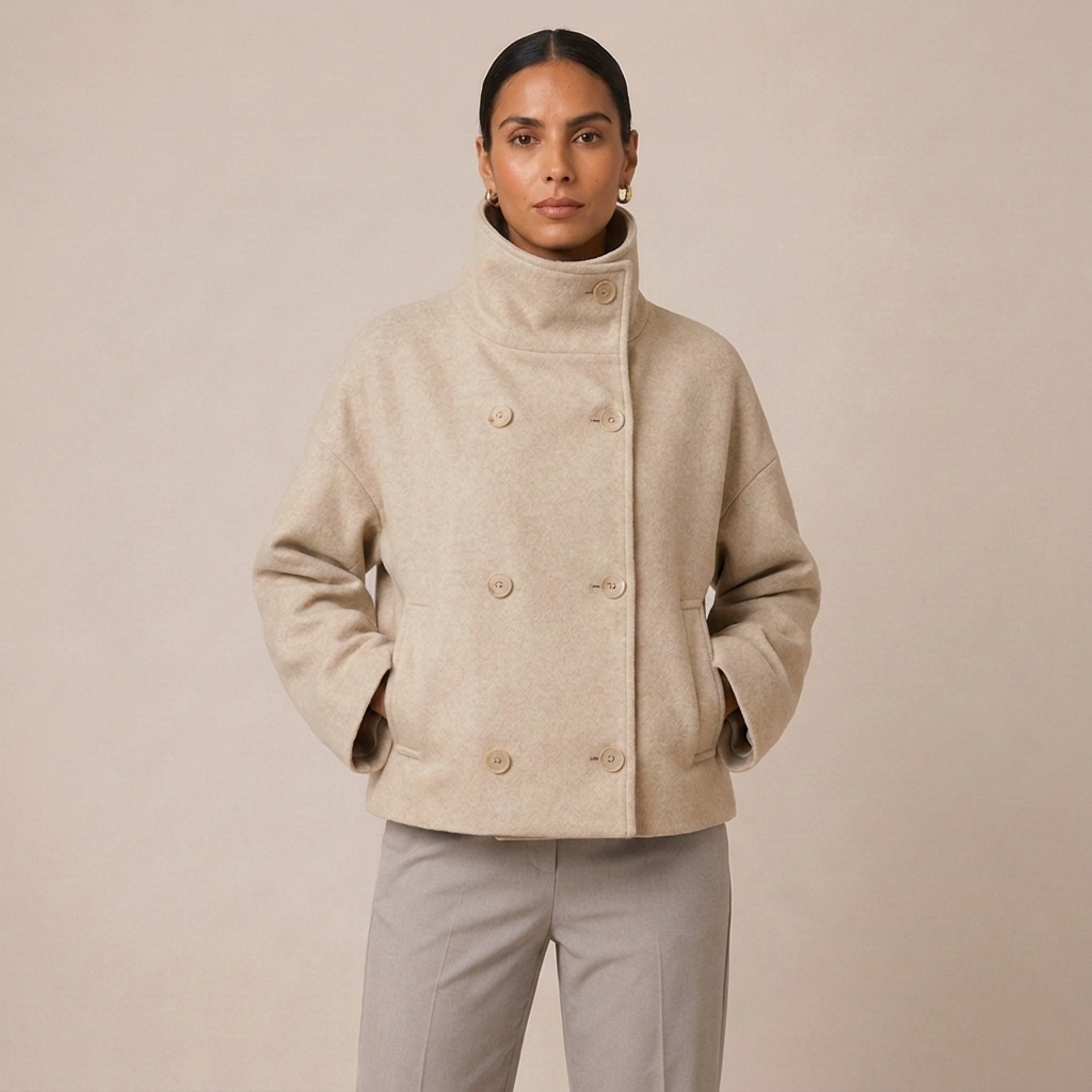 Beige double-breasted pea coat with high funnel neck, buttoned front and flap details