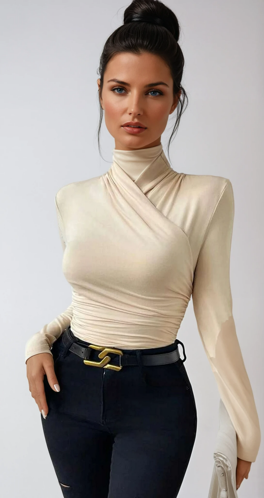 Vionelle | Women's Draped Crossover Top Long Sleeve Fitted Silky Stretch Elegant Going Out Top-Women's Long Sleeve Tops-Beige-S-