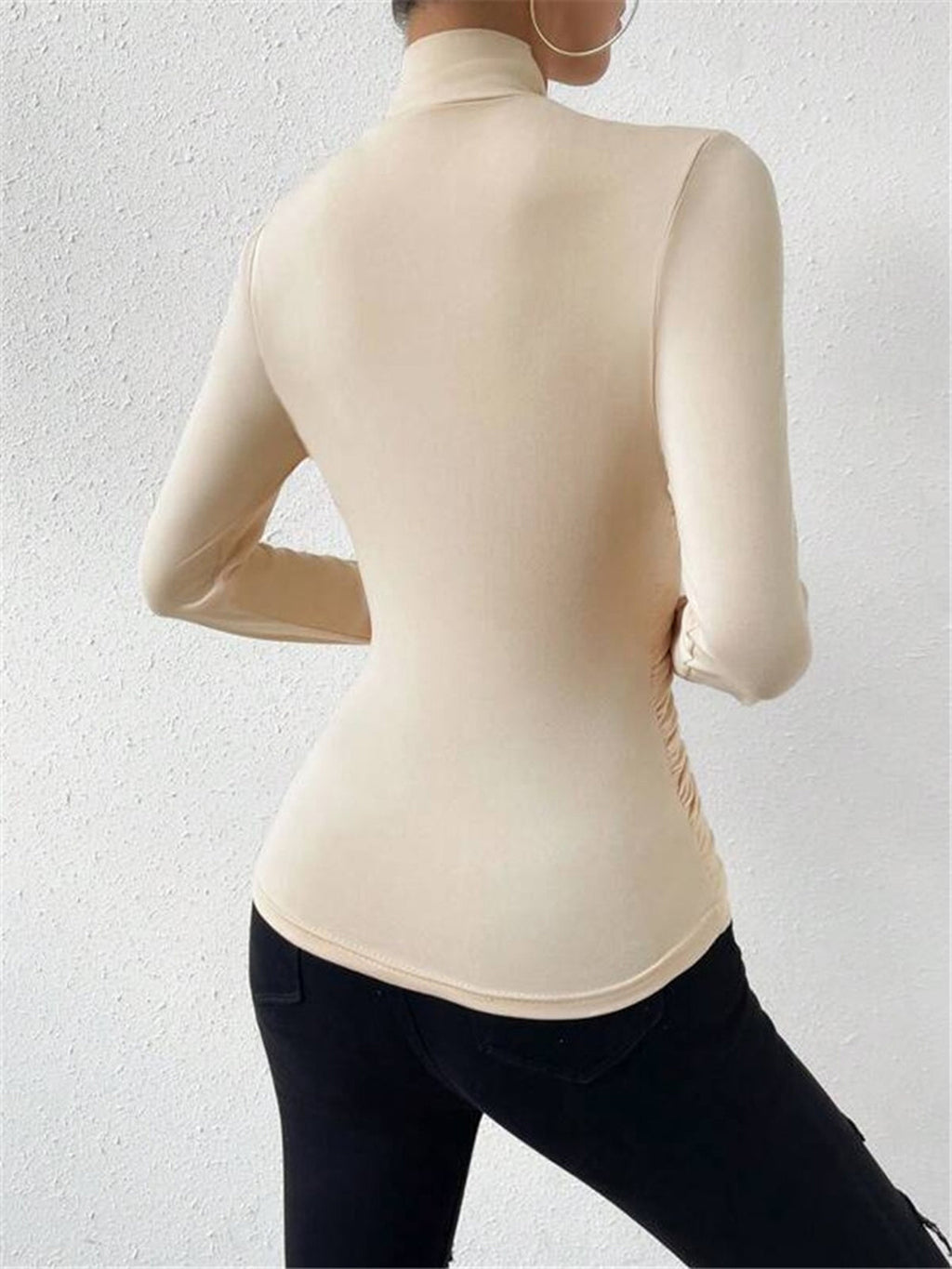Vionelle | Women's Draped Crossover Top Long Sleeve Fitted Silky Stretch Elegant Going Out Top-Women's Long Sleeve Tops-Beige-S-