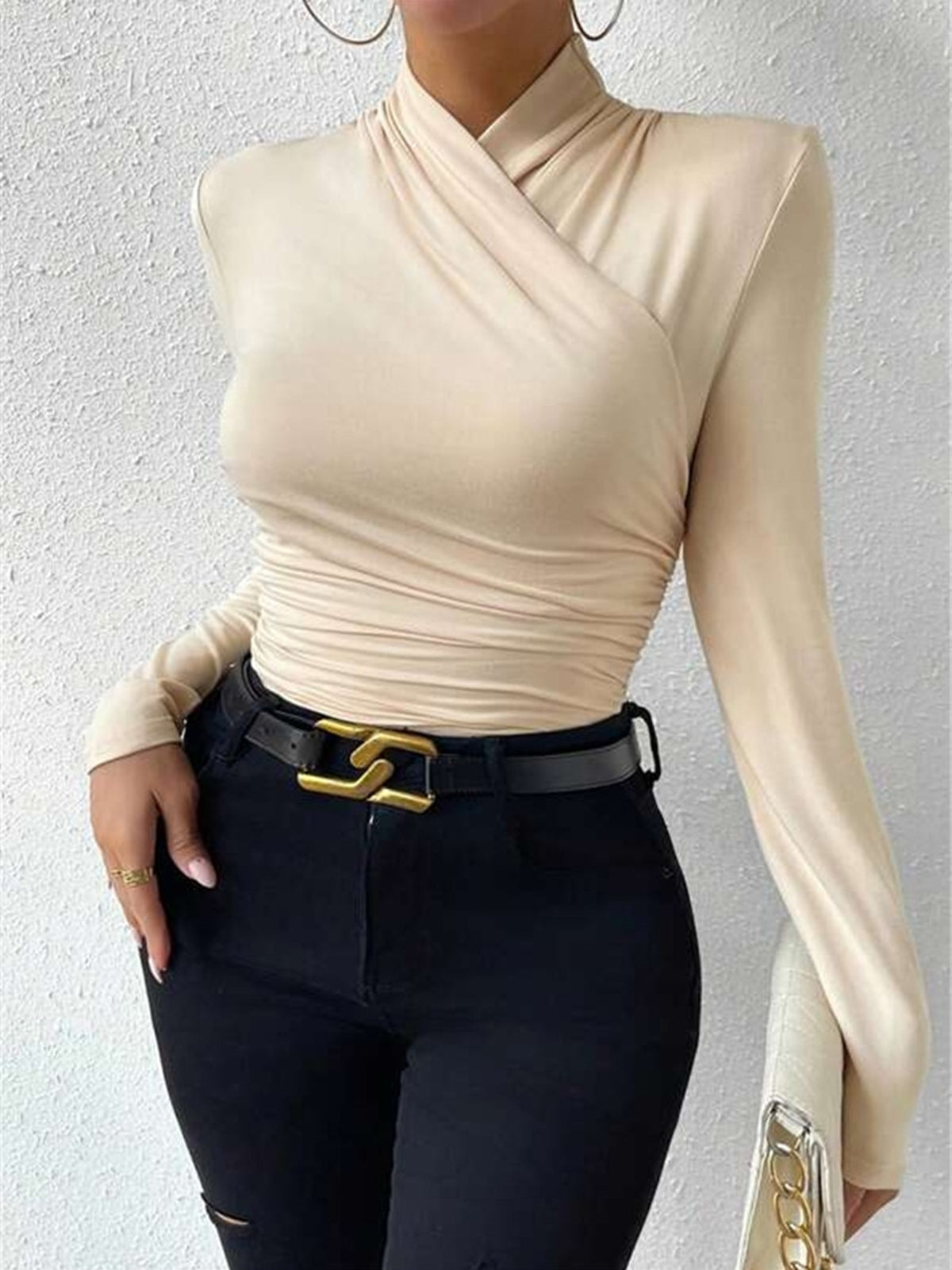 Vionelle | Women's Draped Crossover Top Long Sleeve Fitted Silky Stretch Elegant Going Out Top-Women's Long Sleeve Tops-Beige-S-