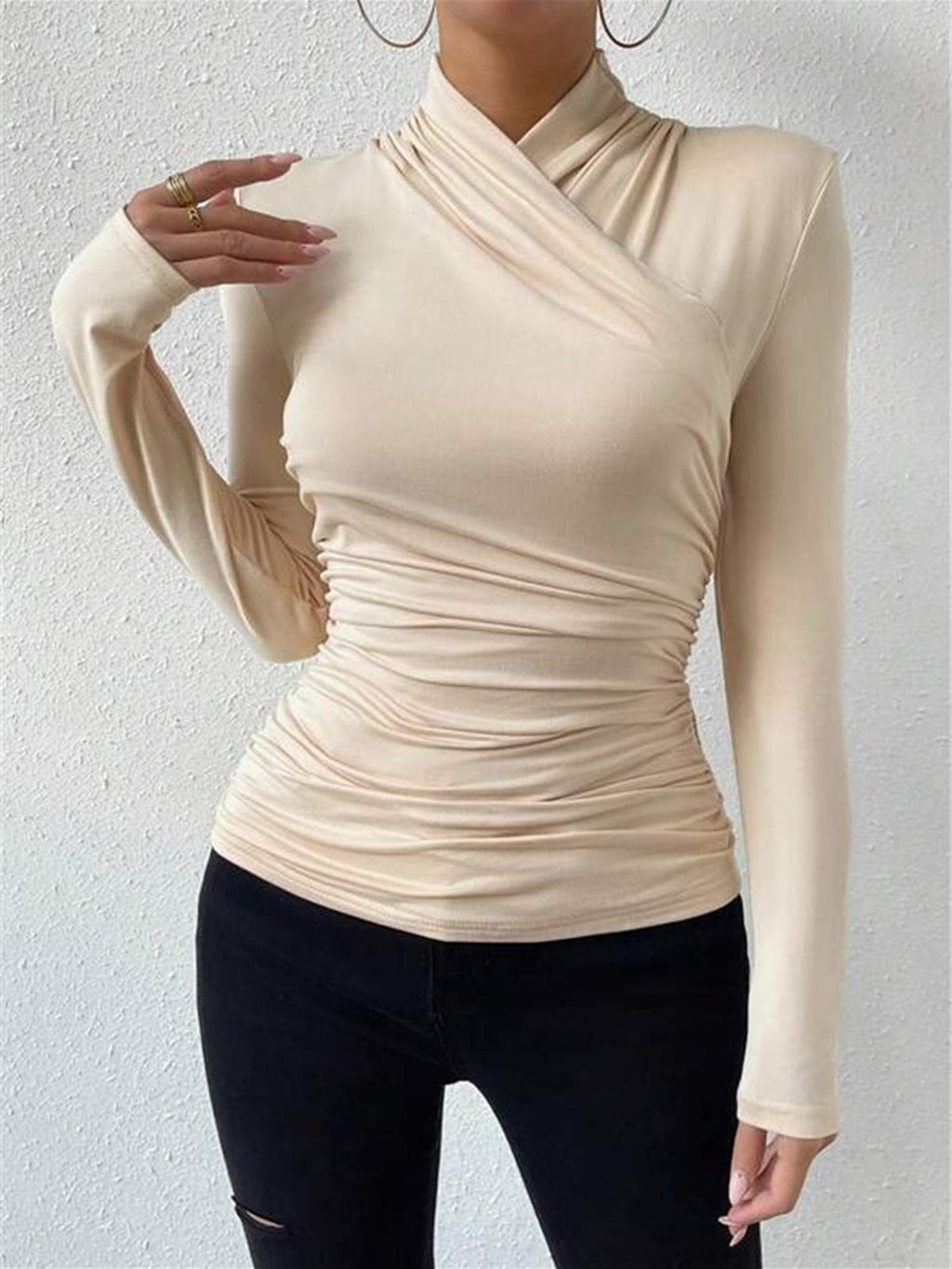 Vionelle | Women's Draped Crossover Top Long Sleeve Fitted Silky Stretch Elegant Going Out Top-Women's Long Sleeve Tops-Beige-S-