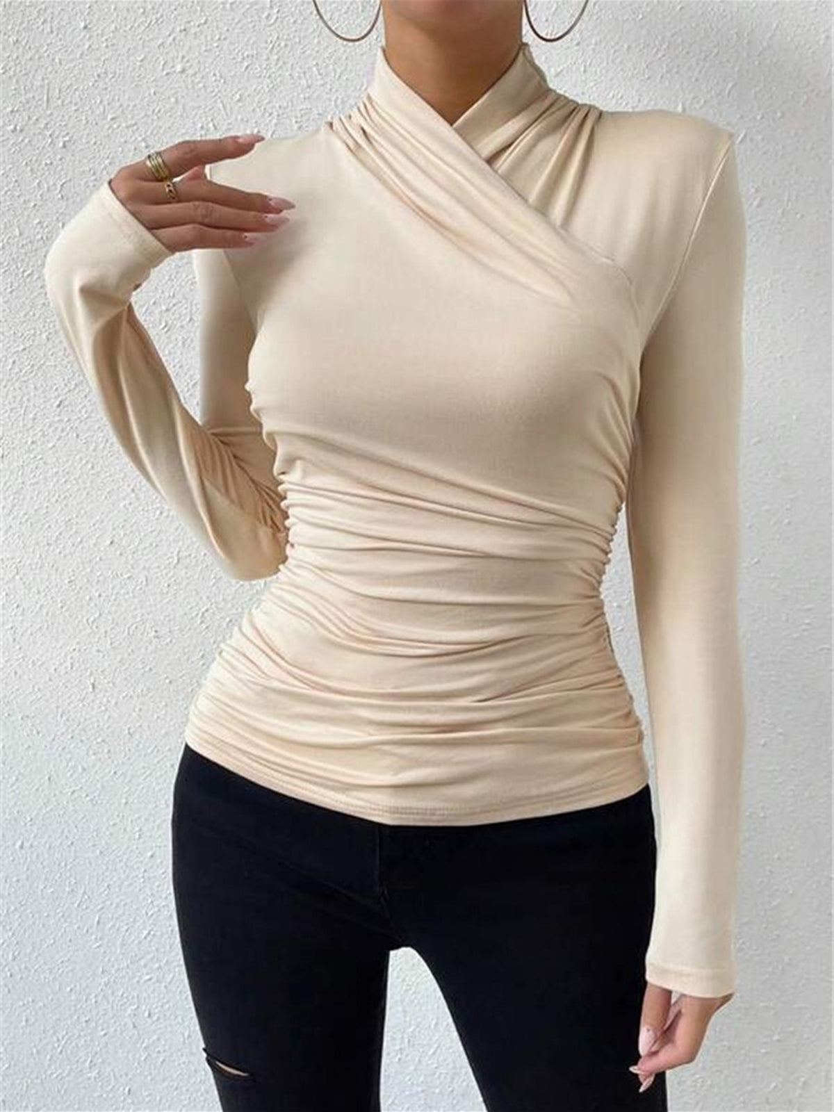 Vionelle | Women's Draped Crossover Top Long Sleeve Fitted Silky Stretch Elegant Going Out Top-Women's Long Sleeve Tops-Beige-S-