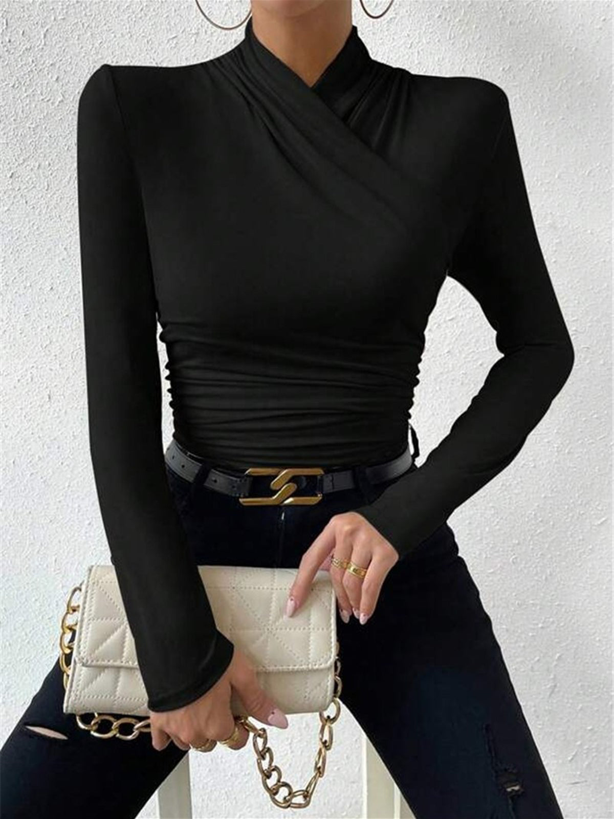 Vionelle | Women's Draped Crossover Top Long Sleeve Fitted Silky Stretch Elegant Going Out Top-Women's Long Sleeve Tops-Black-S-