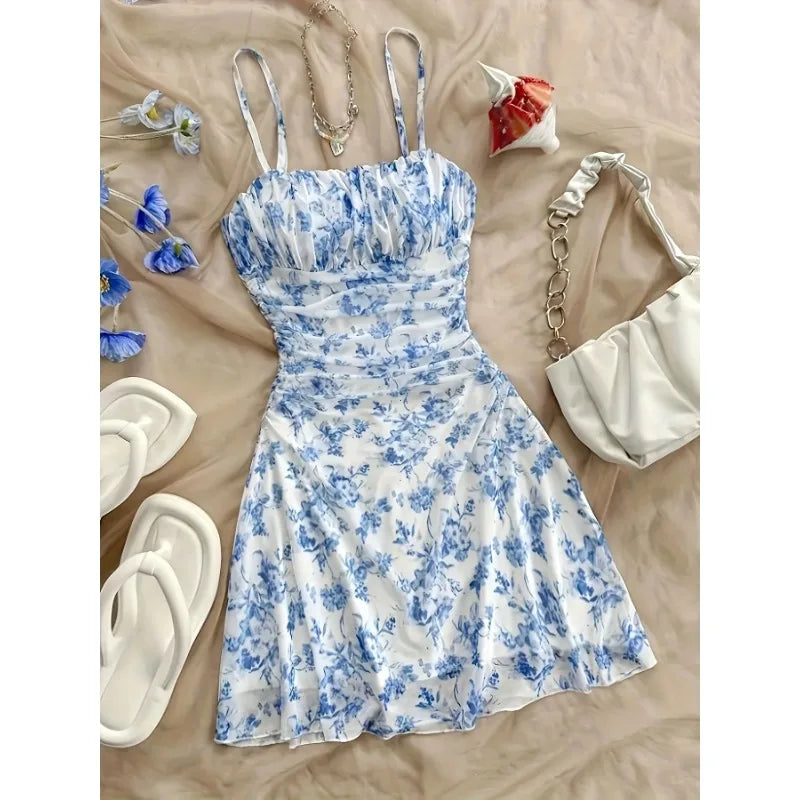 Women's Ditsy Floral Cami Mini Dress with Square Neck Ruched Bodice Sleeveless Summer Dress-Mini Dress-Blue-S-