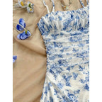 Women's Ditsy Floral Cami Mini Dress with Square Neck Ruched Bodice Sleeveless Summer Dress-Mini Dress-Gray-S-