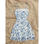 Women's Ditsy Floral Cami Mini Dress with Square Neck Ruched Bodice Sleeveless Summer Dress-Mini Dress-Gray-S-