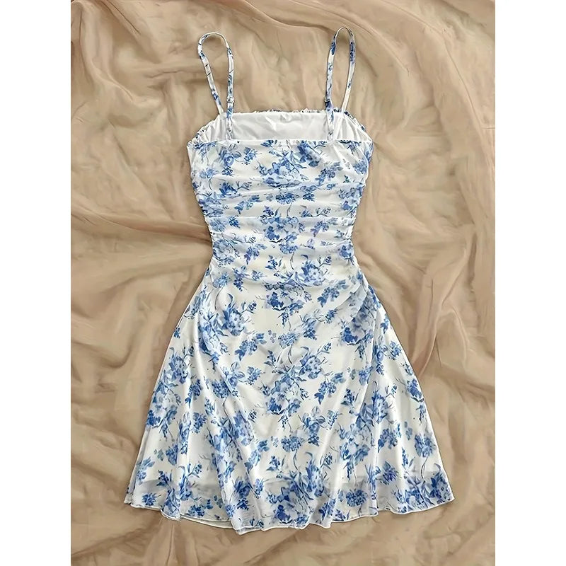 Women's Ditsy Floral Cami Mini Dress with Square Neck Ruched Bodice Sleeveless Summer Dress-Mini Dress-Gray-S-