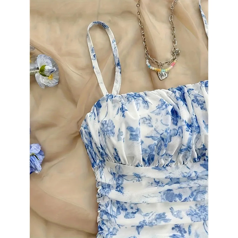 Women's Ditsy Floral Cami Mini Dress with Square Neck Ruched Bodice Sleeveless Summer Dress-Mini Dress-Gray-S-