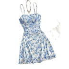 Women's Ditsy Floral Cami Mini Dress with Square Neck Ruched Bodice Sleeveless Summer Dress-Mini Dress-Gray-S-