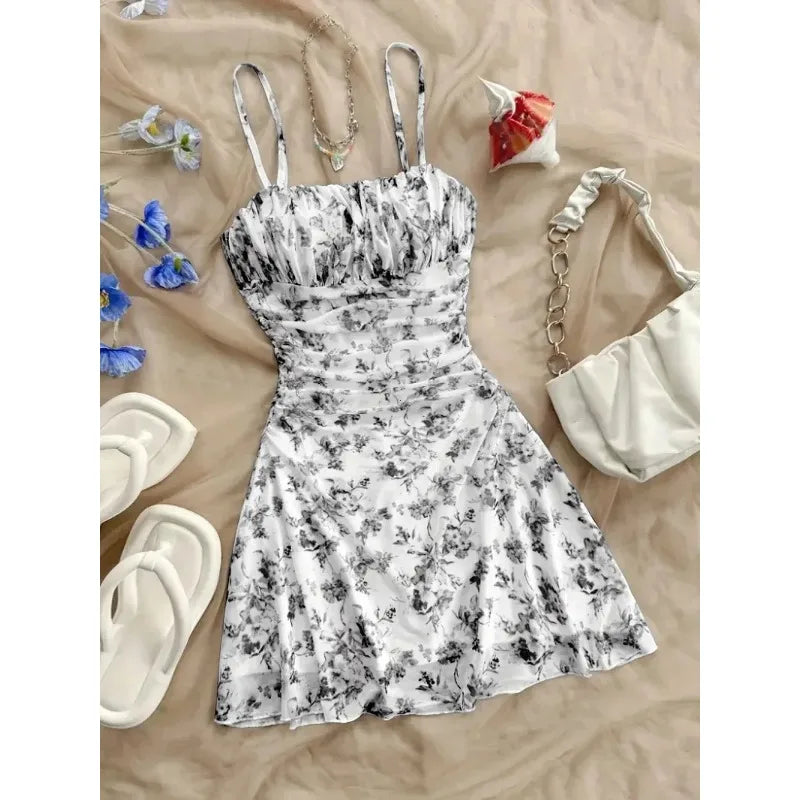 Women's Ditsy Floral Cami Mini Dress with Square Neck Ruched Bodice Sleeveless Summer Dress-Mini Dress-Gray-S-
