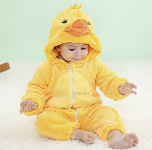 Yellow duck animal onesie with hood and full-zip front, soft plush costume pajamas