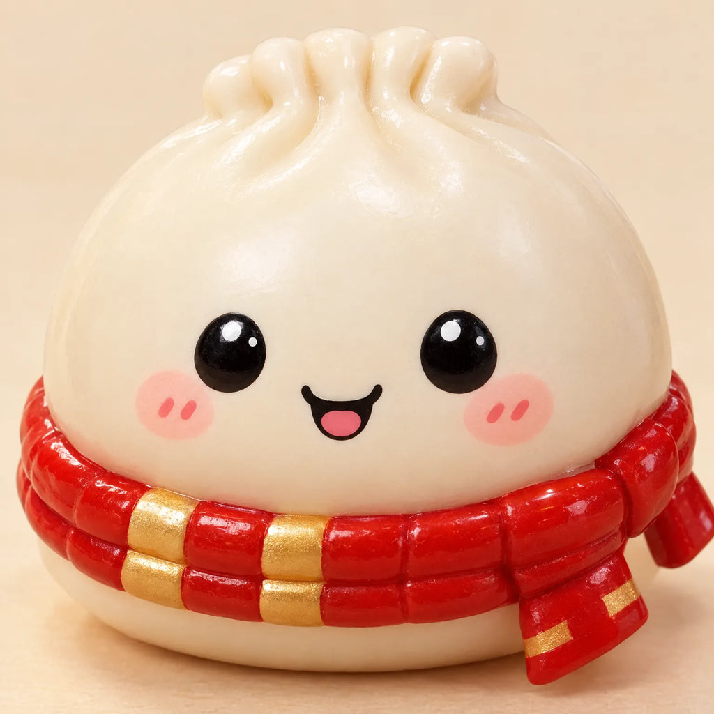 Cute winter dumpling blind box figure with red scarf, smiling face, round body