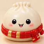 Cute winter dumpling blind box figure with red scarf, smiling face, round body