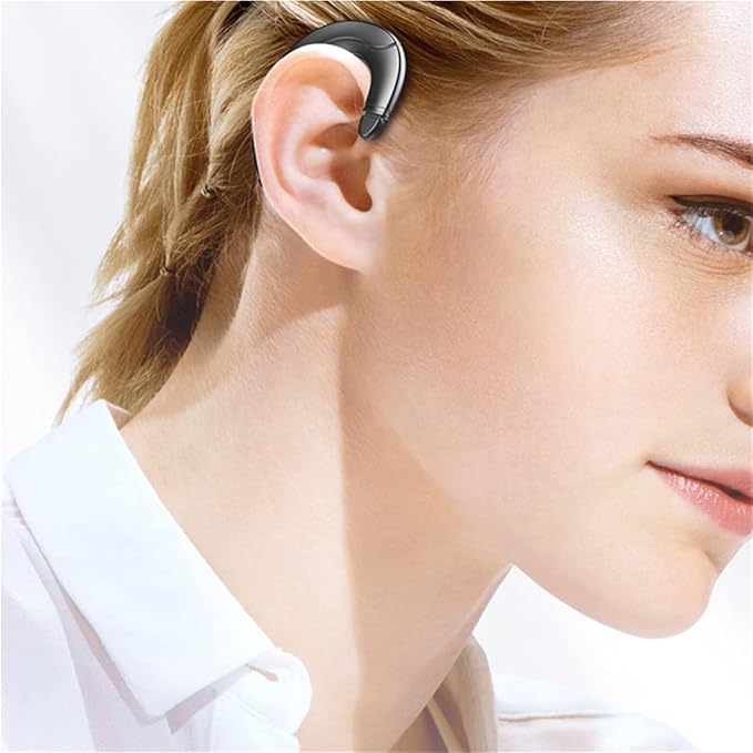 Black open-ear bone conduction headphones worn behind the ear