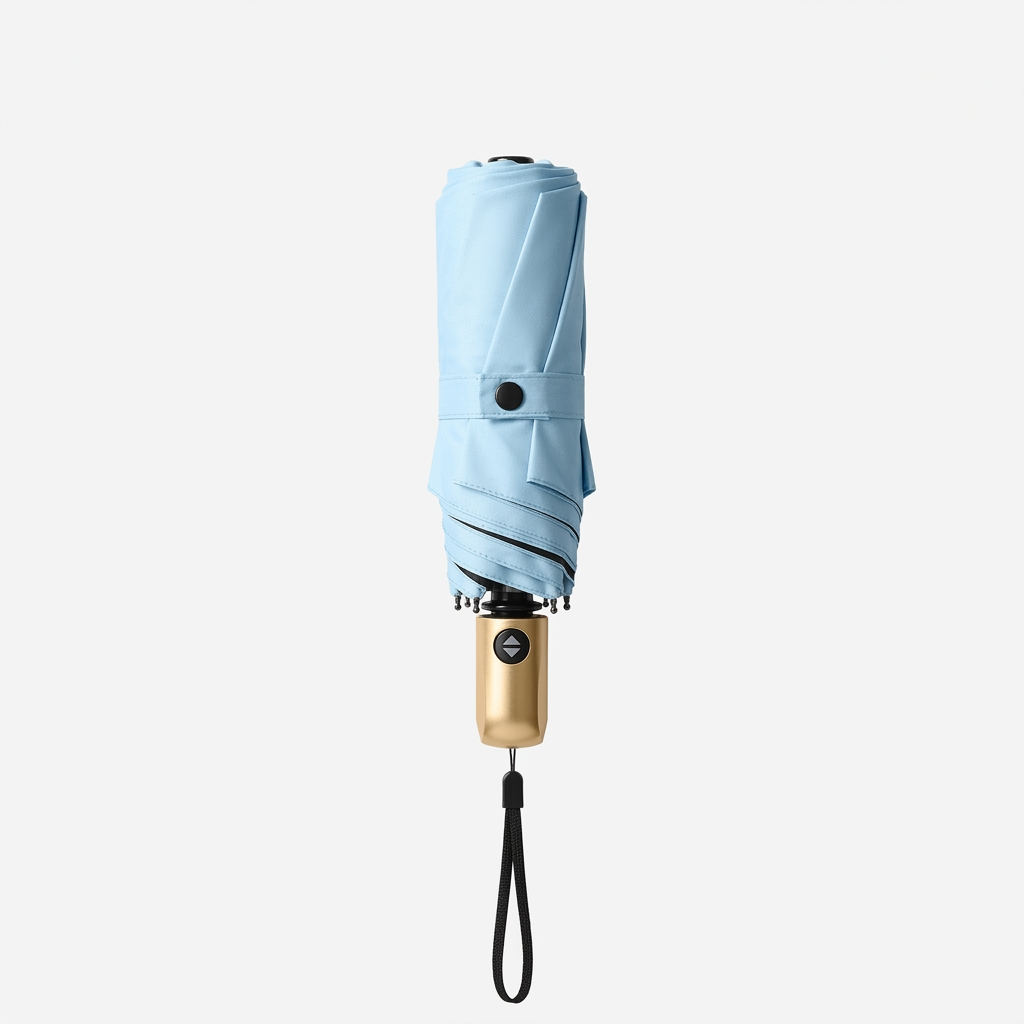 Light blue mini travel umbrella, folded compact design with wrist strap