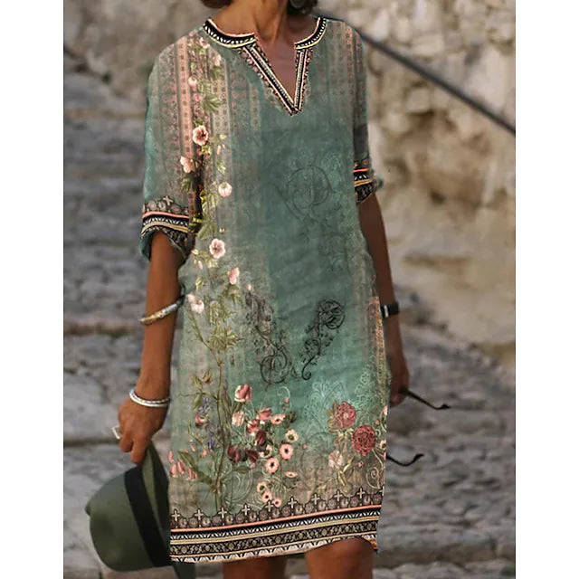 Edda Women's Midi Dress - Floral V-Neck Short Sleeve Summer Style-Floral Printed Dress-Green-XS-Camoufit