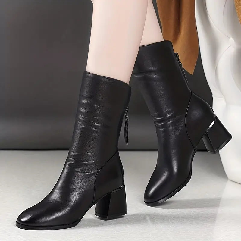 Vayana | Women's Leather Boots – Pointed Toe Block Heel Fit-Women's Heeled Boots-Black-5-