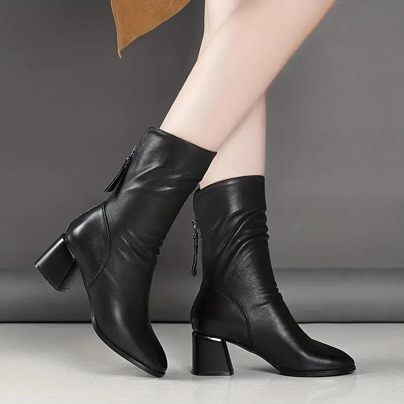 Vayana | Women's Leather Boots – Pointed Toe Block Heel Fit-Women's Heeled Boots-Black-5-