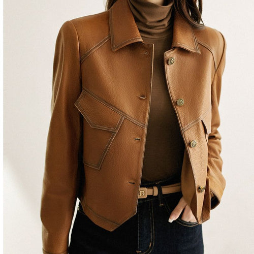 Alévia | Vintage Leather Jacket for Women – Vegan Leather Cropped Fit-Women's Leather Jacket-Coffee-XS-Camoufit