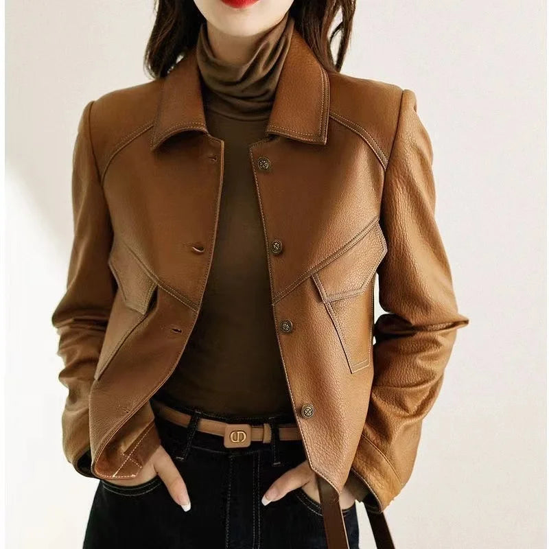 Alévia | Vintage Leather Jacket for Women – Vegan Leather Cropped Fit-Women's Leather Jacket-Coffee-XS-Camoufit