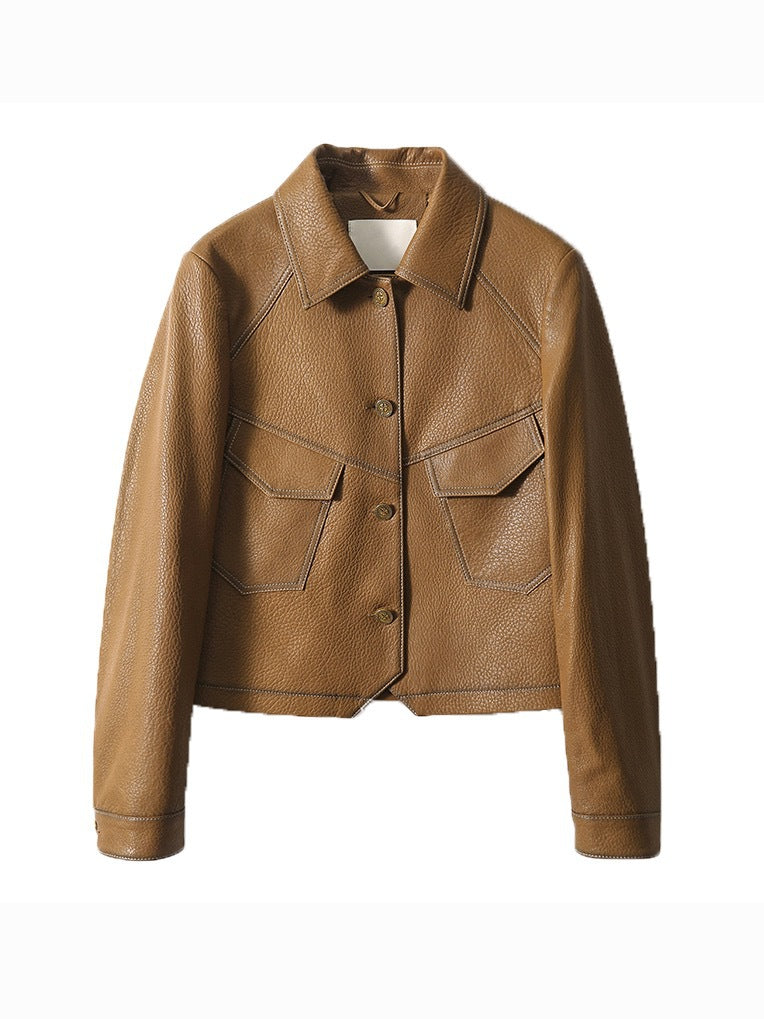 Alévia | Vintage Leather Jacket for Women – Vegan Leather Cropped Fit-Women's Leather Jacket-Coffee-XS-Camoufit