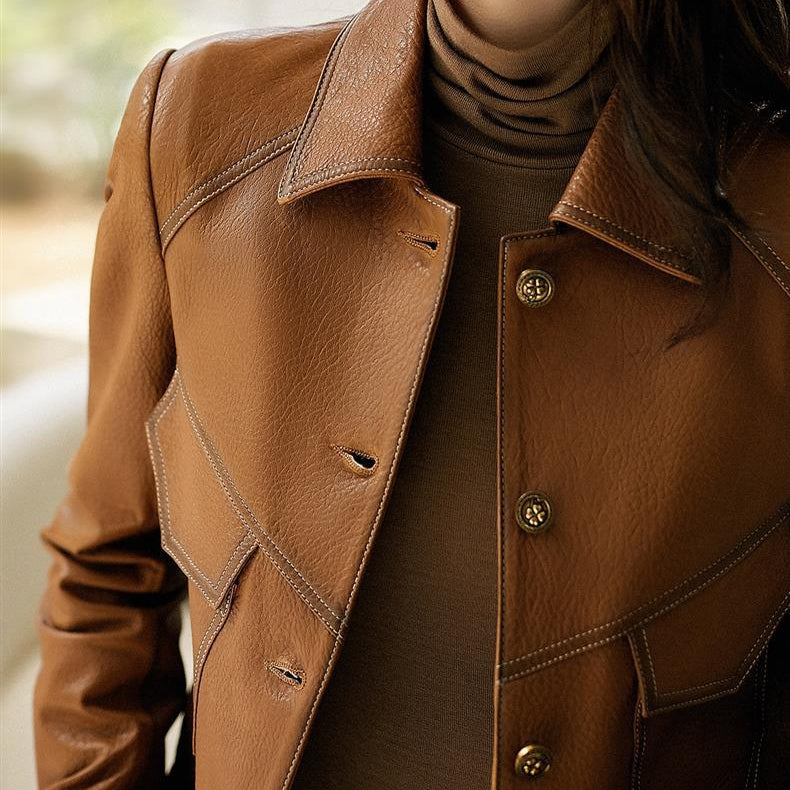 Alévia | Vintage Leather Jacket for Women – Vegan Leather Cropped Fit-Women's Leather Jacket-Coffee-XS-Camoufit