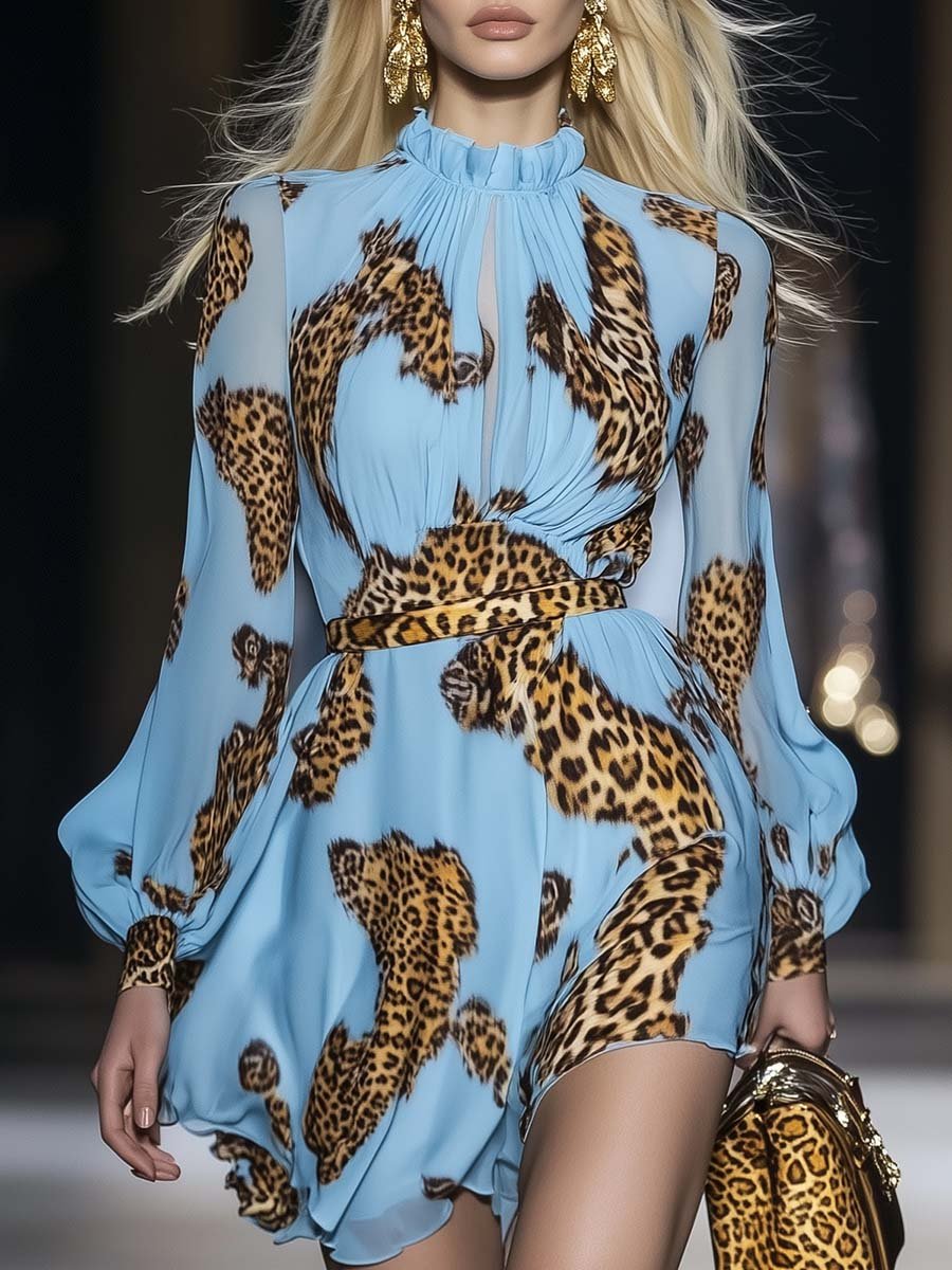 Mireya | Chiffon Mini Dress for Women - Leopard Print Sky Blue Ruffle Puff Sleeve Loose Fit-Mini Dress-Sky Blue-S-Camoufit