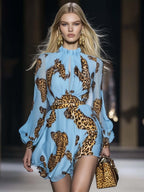 Mireya | Chiffon Mini Dress for Women - Leopard Print Sky Blue Ruffle Puff Sleeve Loose Fit-Mini Dress-Sky Blue-S-Camoufit