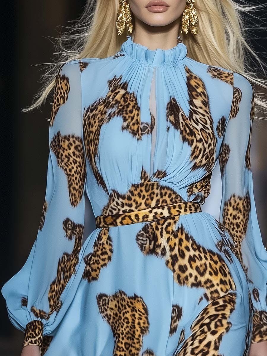 Mireya | Chiffon Mini Dress for Women - Leopard Print Sky Blue Ruffle Puff Sleeve Loose Fit-Mini Dress-Sky Blue-S-Camoufit