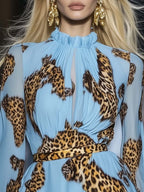 Mireya | Chiffon Mini Dress for Women - Leopard Print Sky Blue Ruffle Puff Sleeve Loose Fit-Mini Dress-Sky Blue-S-Camoufit