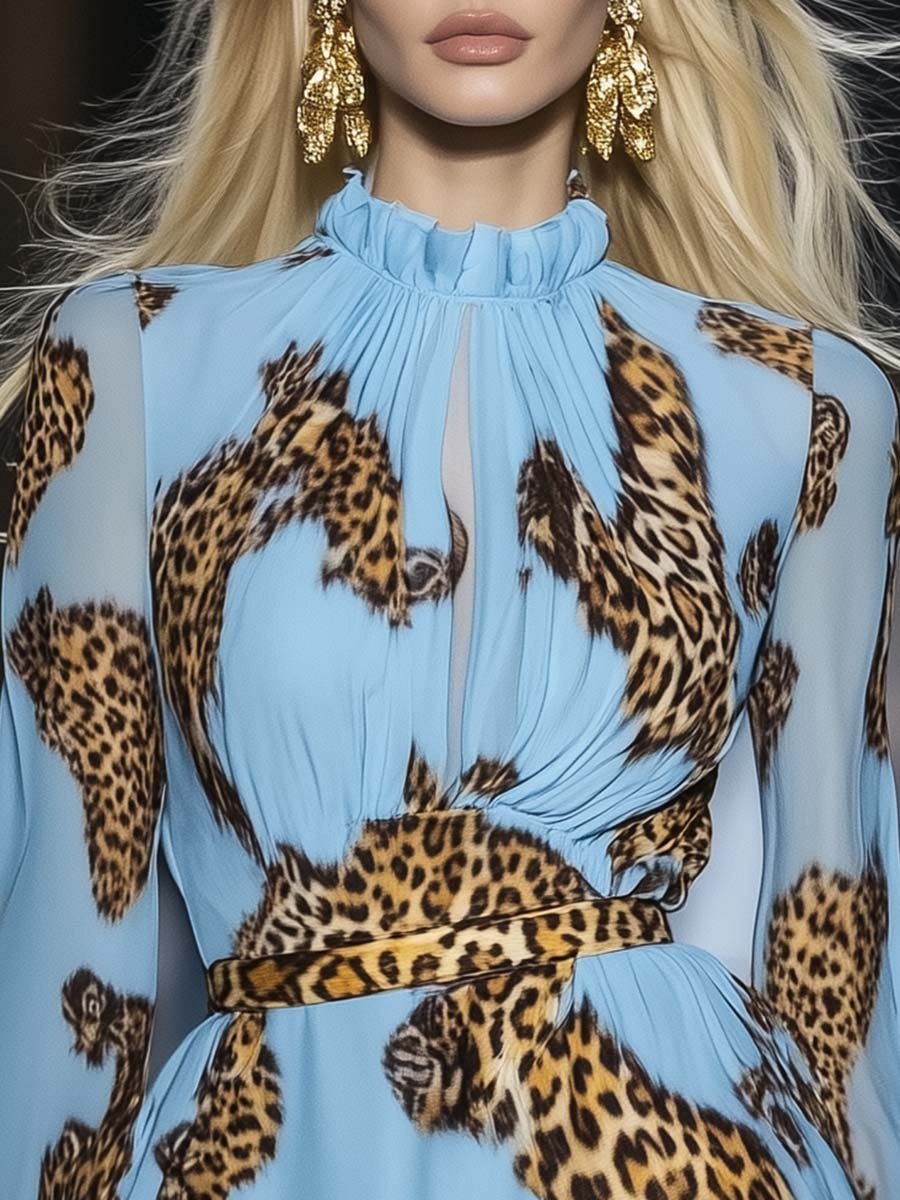Mireya | Chiffon Mini Dress for Women - Leopard Print Sky Blue Ruffle Puff Sleeve Loose Fit-Mini Dress-Sky Blue-S-Camoufit