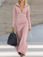 Elyvia | Sporty V-Neck Maxi Dress for Women – Pink Zip Front Fit-Maxi Dress-Light Pink-XS-Camoufit