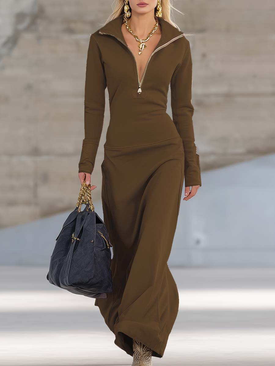 Elyvia | Sporty V-Neck Maxi Dress for Women – Pink Zip Front Fit-Maxi Dress-Brown-XS-Camoufit