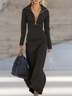 Elyvia | Sporty V-Neck Maxi Dress for Women – Pink Zip Front Fit-Maxi Dress-Black-XS-Camoufit
