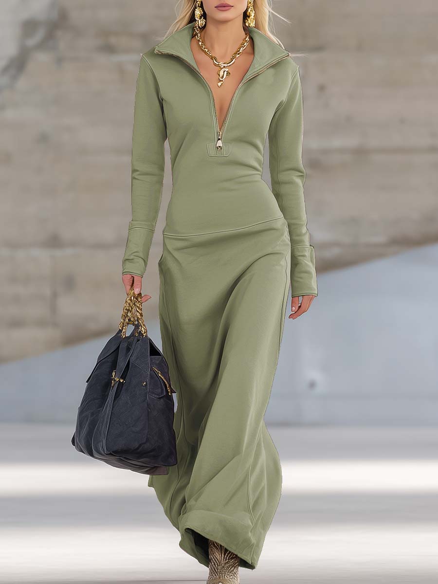 Elyvia | Sporty V-Neck Maxi Dress for Women – Pink Zip Front Fit-Maxi Dress-Gray-Green-XS-Camoufit