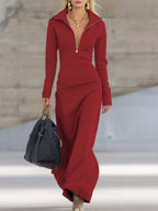 Elyvia | Sporty V-Neck Maxi Dress for Women – Pink Zip Front Fit-Maxi Dress-Red-XS-Camoufit
