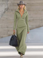 Elyvia | Sporty V-Neck Maxi Dress for Women – Pink Zip Front Fit-Maxi Dress-Light Pink-XS-Camoufit