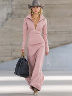 Elyvia | Sporty V-Neck Maxi Dress for Women – Pink Zip Front Fit-Maxi Dress-Light Pink-XS-Camoufit