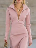 Elyvia | Sporty V-Neck Maxi Dress for Women – Pink Zip Front Fit-Maxi Dress-Light Pink-XS-Camoufit