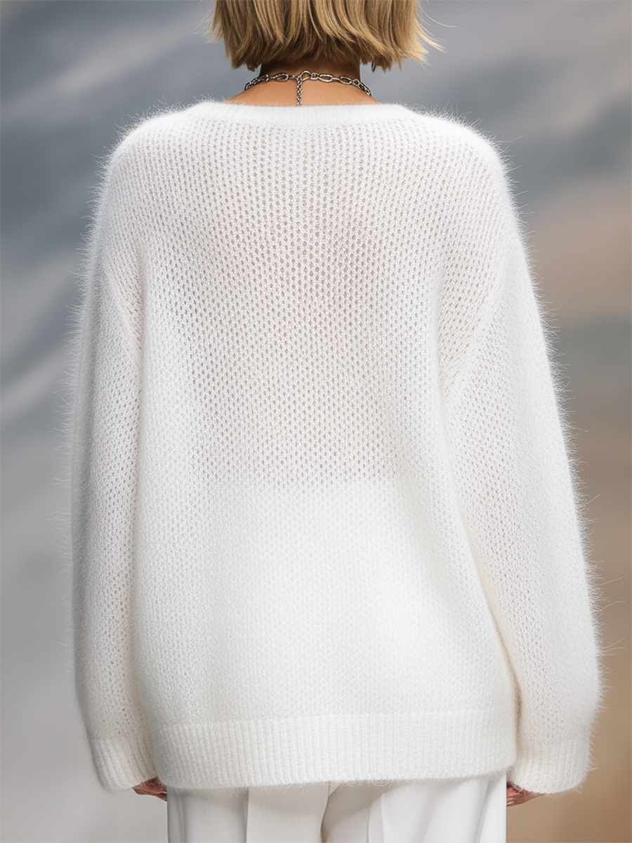 Aléora | Pullover Jumper for Women - Crew Neck Loose Fit White Knit Relaxed Cosy Fit-Women's Sweater-White-XS-Camoufit