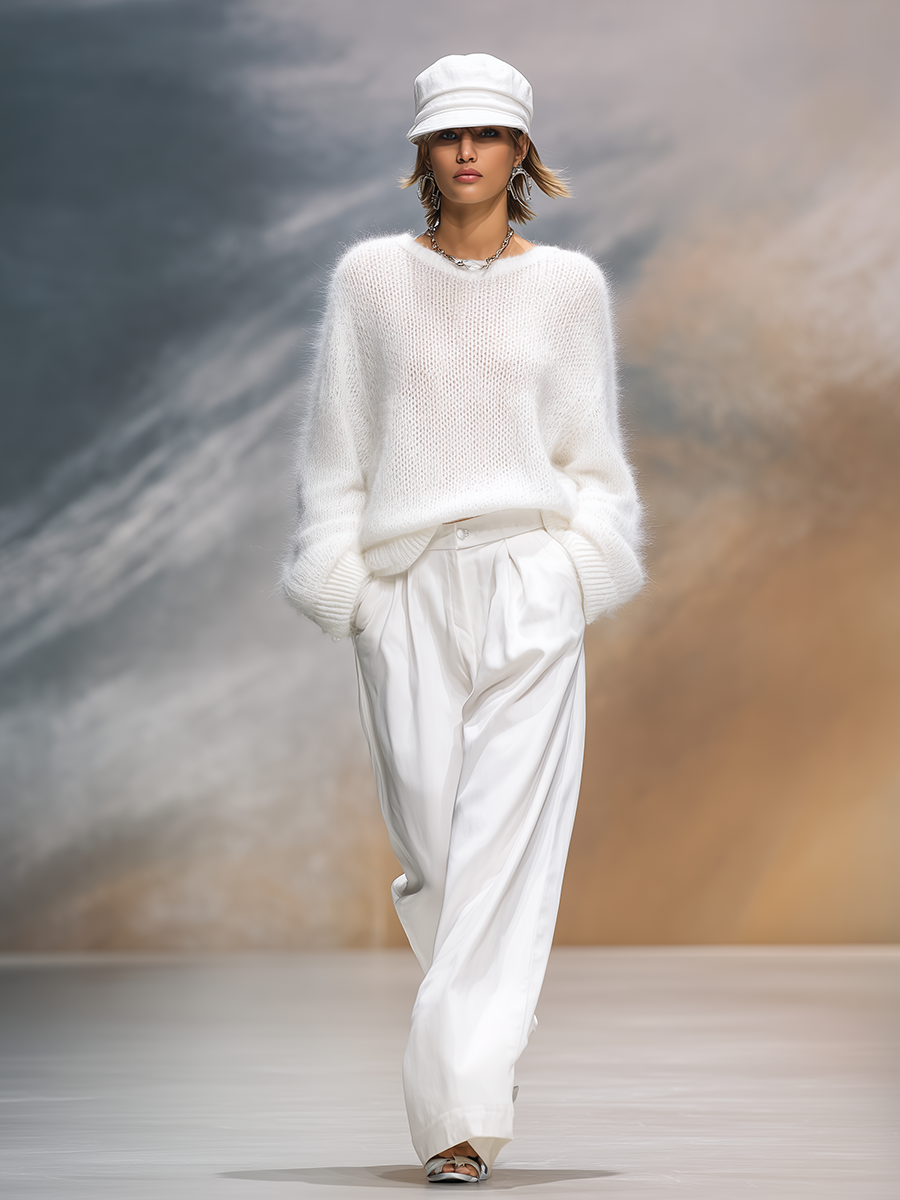 Aléora | Pullover Jumper for Women - Crew Neck Loose Fit White Knit Relaxed Cosy Fit-Women's Sweater-White-XS-Camoufit
