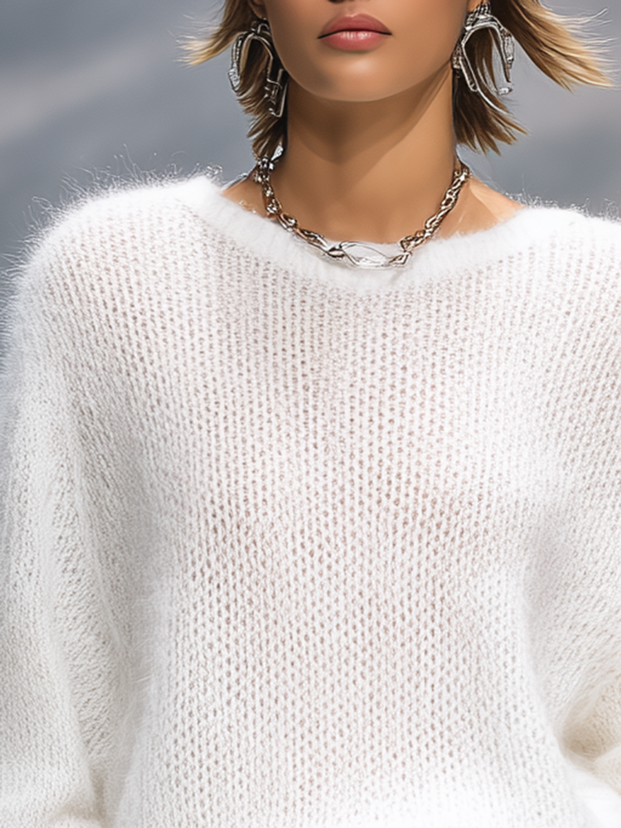 Aléora | Pullover Jumper for Women - Crew Neck Loose Fit White Knit Relaxed Cosy Fit-Women's Sweater-White-XS-Camoufit